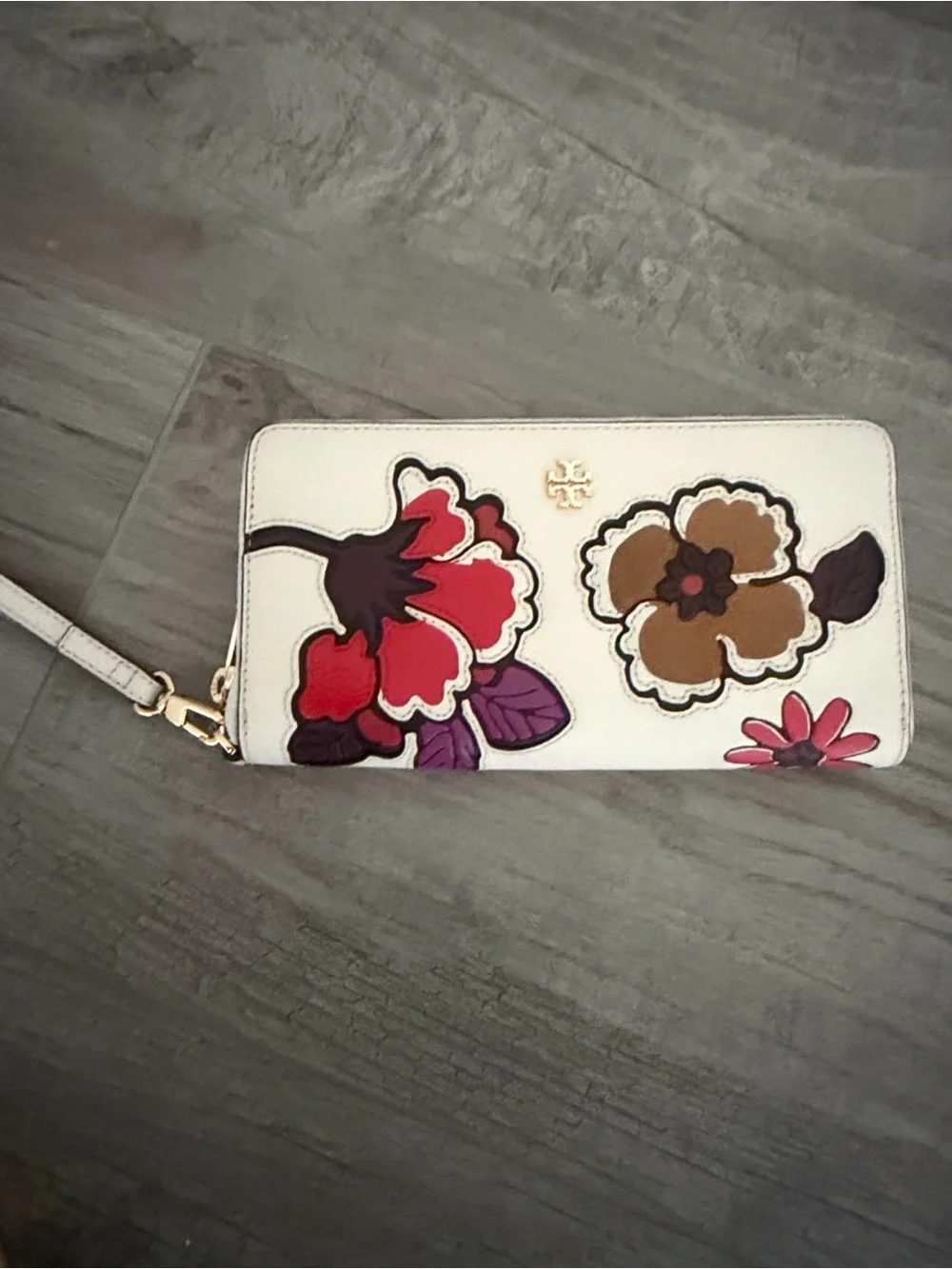 Tory Burch Cream Floral Appliqué Zip Wristlet